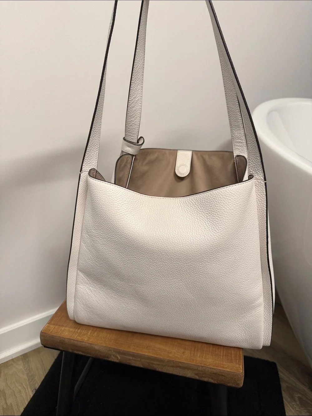 kate spade White Pebbled Leather Shoulder Bag with Tan Interior Trim